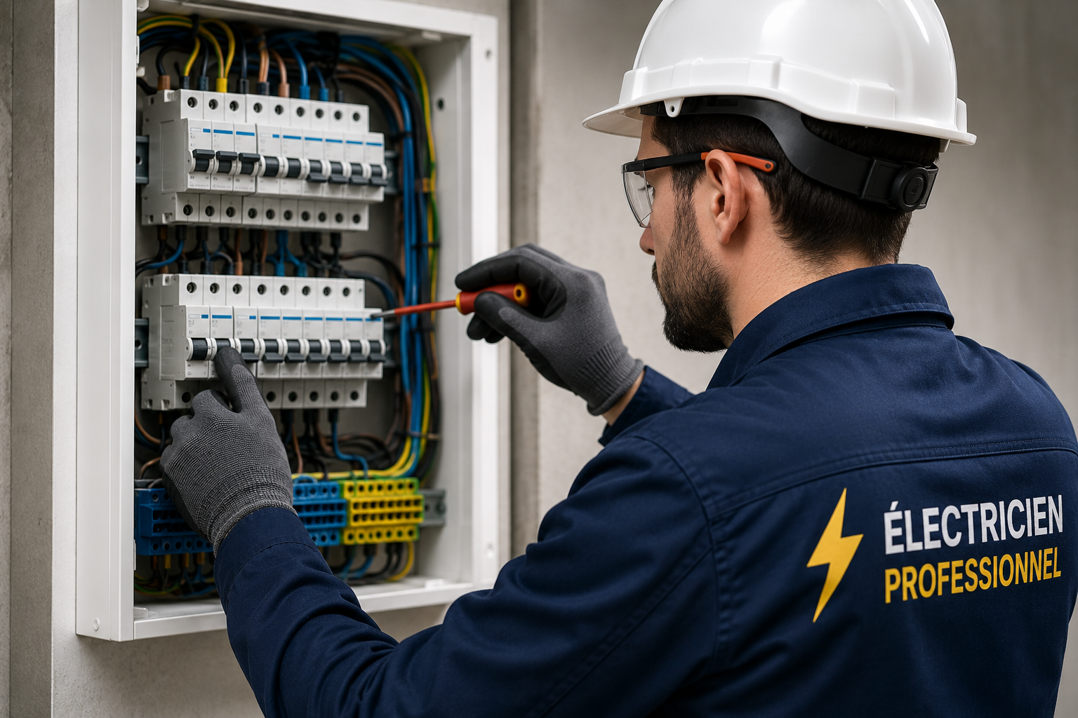 Électricien professionnel trabalhando num quadro elétrico
